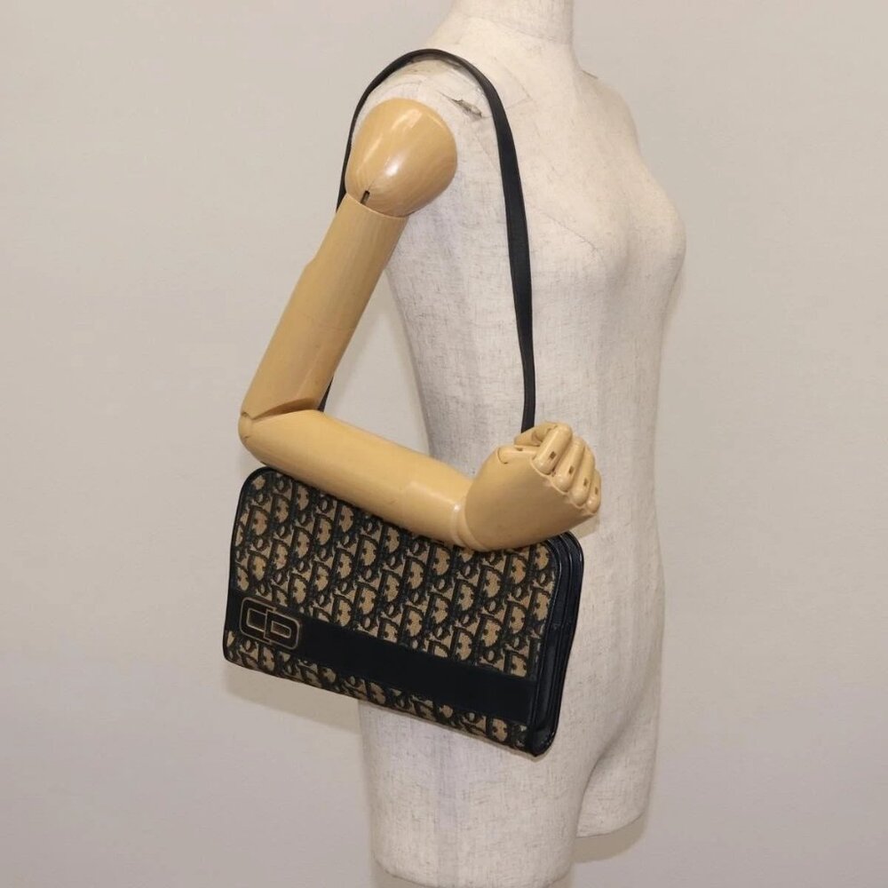 Christian Dior Trotter Canvas Shoulder Bag Navy Gold Auth 146109